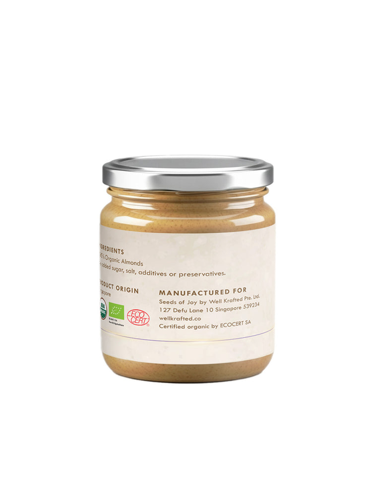 Seeds of Joy Almond Butter back of the jar. Ingredients 100% organic. Product of Singapore
