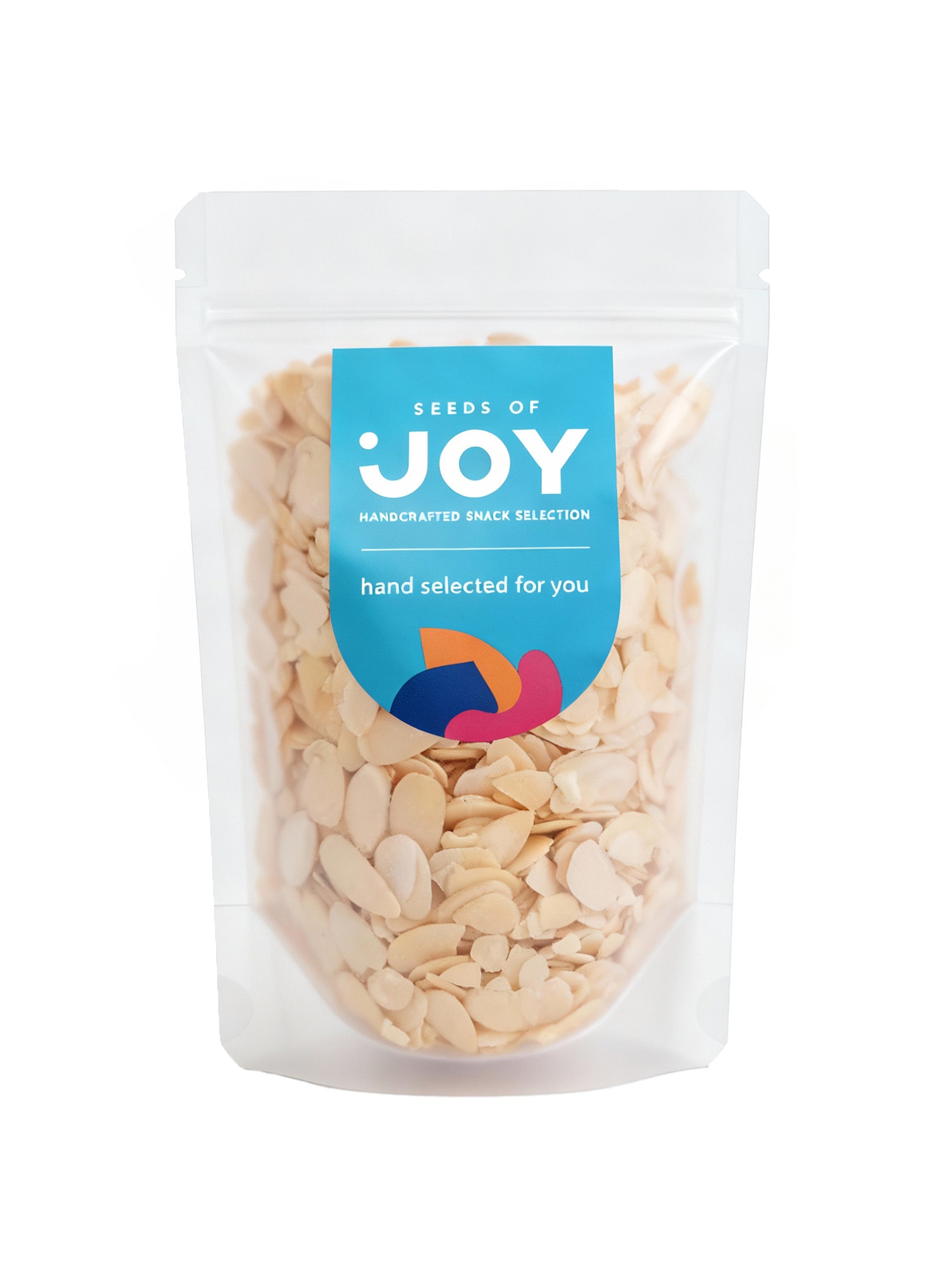 Seeds of Joy Blanched Sliced Almonds front packaging. Perfect for baking or snacking. Hand selected for you