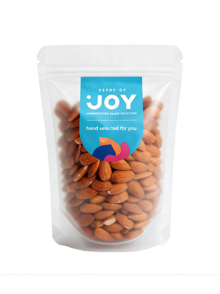 Seeds of Joy Natural Baked Almonds front packaging. Hand selected for you. Everyone&