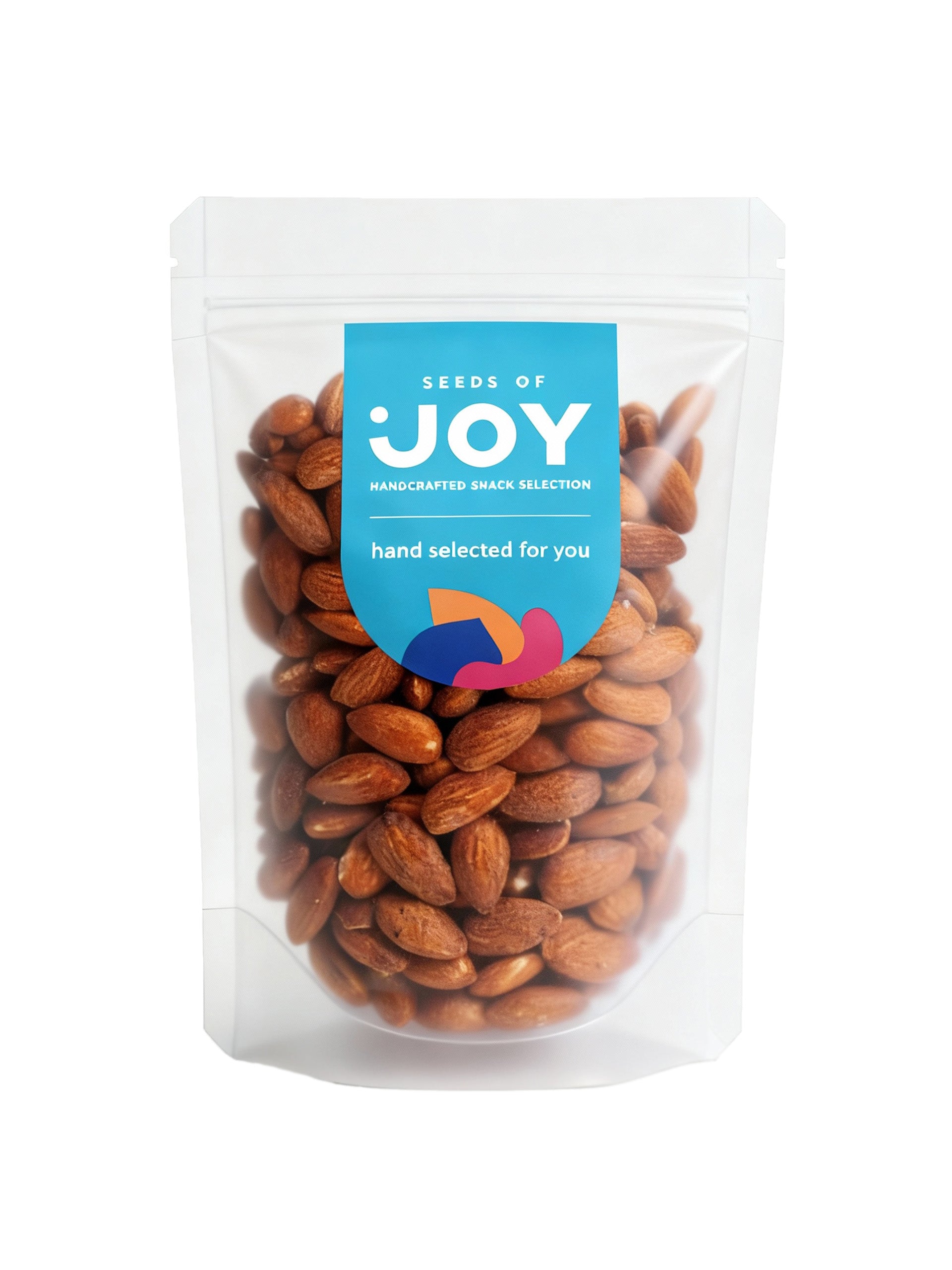 Seeds of Joy Smoked Almonds front packaging. Hand selected for you. Perfect for a cheese board!