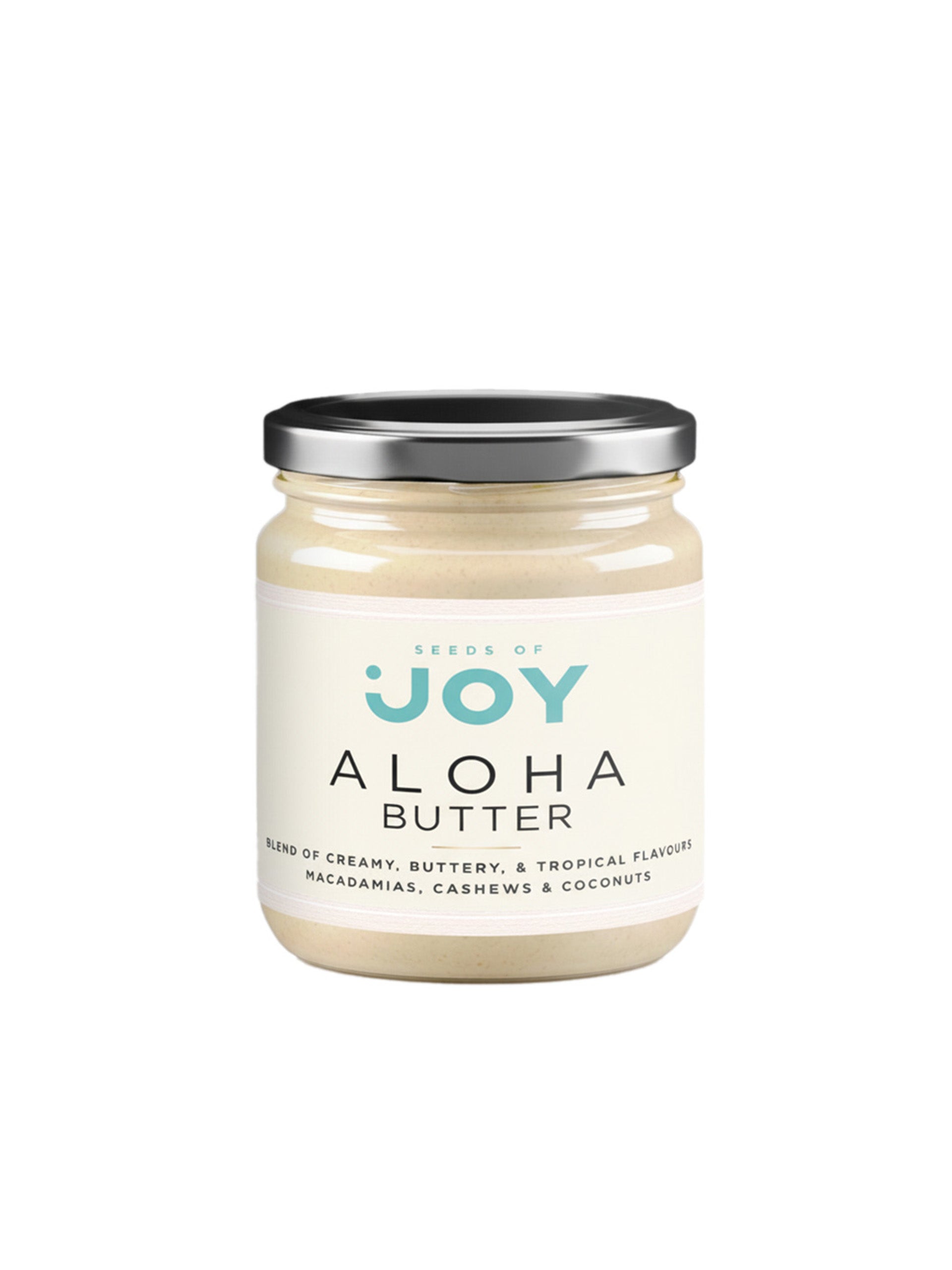 Seeds of Joy Aloha Butter Front Jar. Blend of creamy, buttery and tropical flavours. Macadamias, Cashews and coconuts
