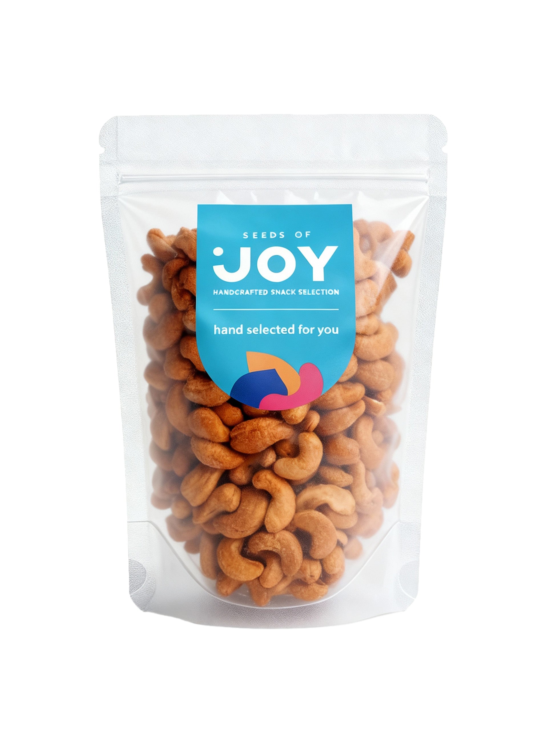 Seeds of Joy Roasted Cashews front packaging. Hand selected for you. Premium and delicious.