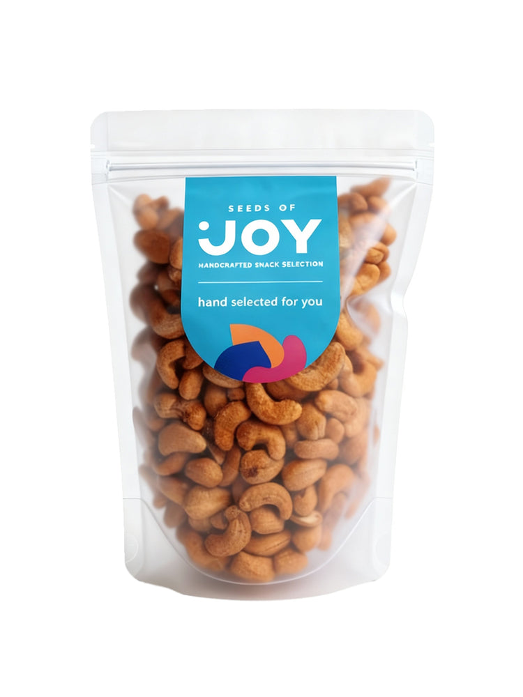 Seeds of Joy Unsalted Cashews front packaging. Pairs beautifully with cheese, fruits, wines, and both sweet and savoury dishes. Hand selected for you!