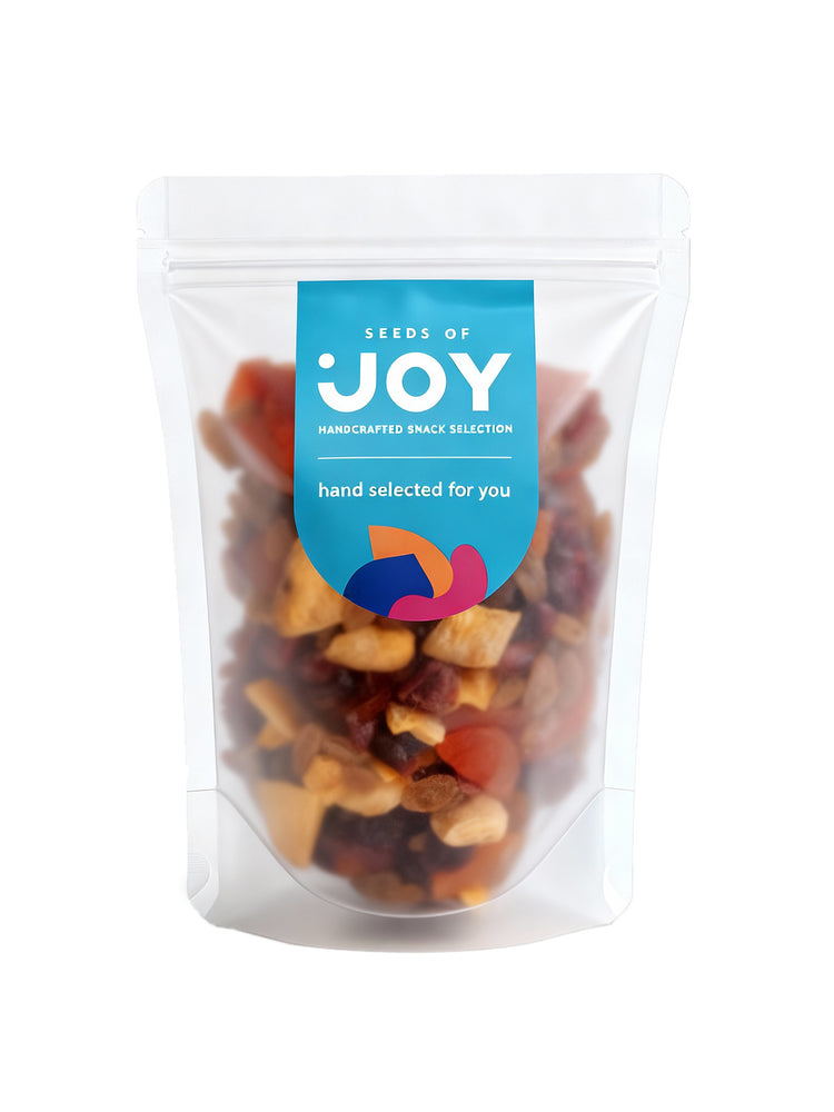 Seeds fo Joy Healthy Mix OM front packaging. Hand selected for you. Delicious mix of Green Raisins, Dried Cranberries, Dried Mango, Apricot with Honey and Preserved Guava.
