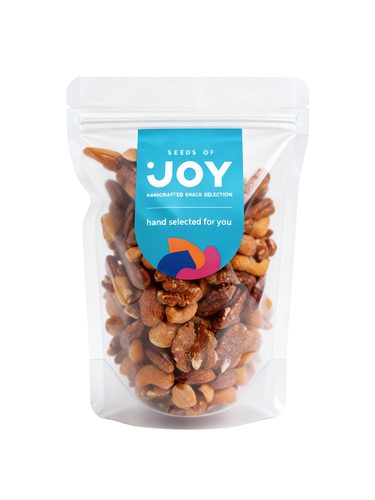 Seeds fo Joy Honey Roasted Assortment front packaging. Hand selected for you. Ideal for snacking! Enjoy with your friends.