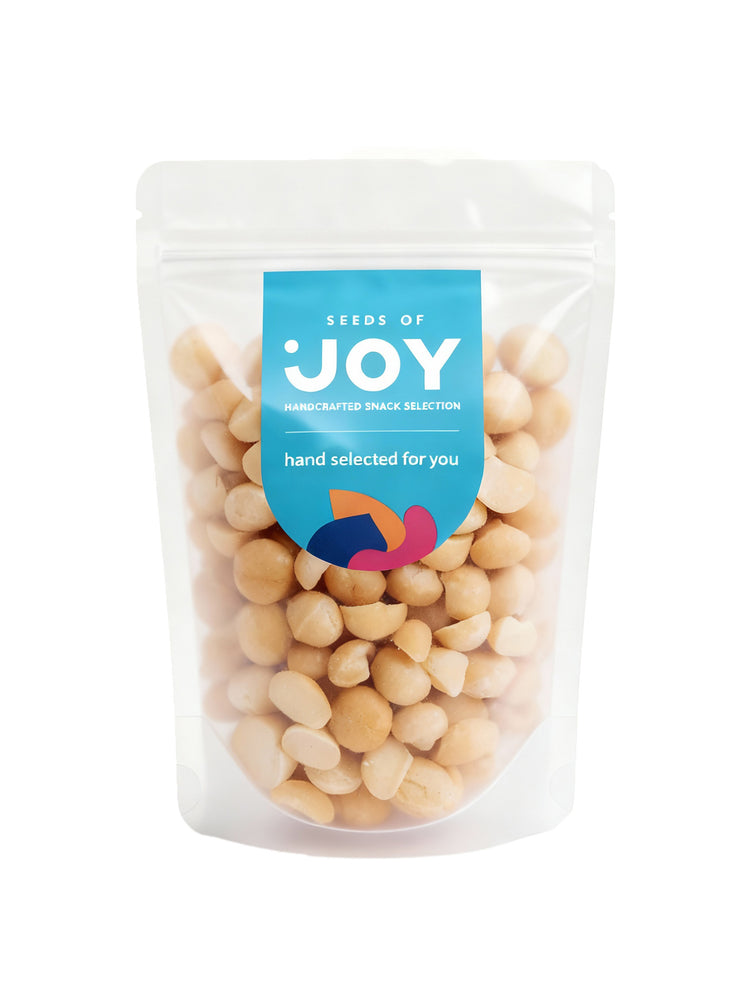 Seeds of Joy Natural Baked Macadamias front packaging. Hand selected for you