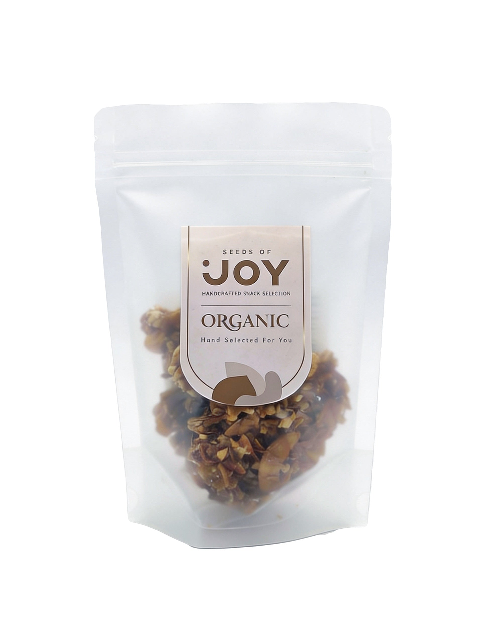 Seeds of Joy Organic Coconut Clusters with Nuts and Seeds front packaging. Hand selected for you!