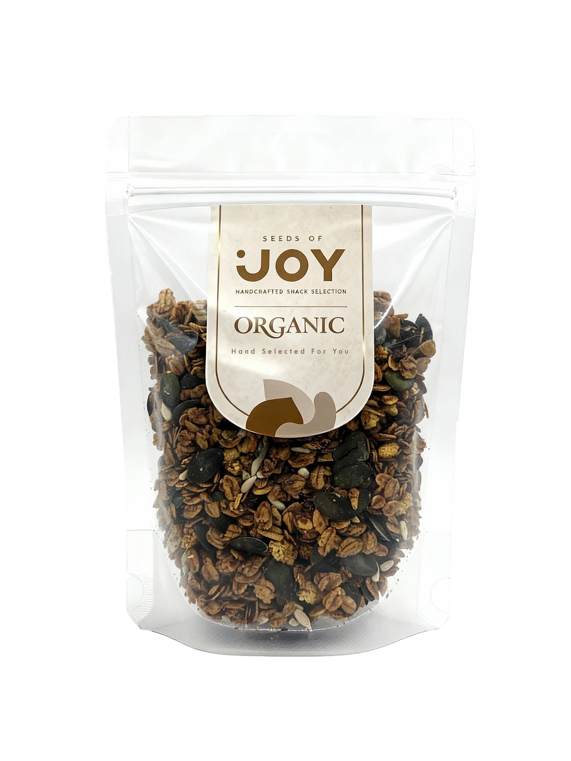 Seeds of Joy Organic Dark Chocolate Granola with Mulberries front packaging. Hand selected for you.