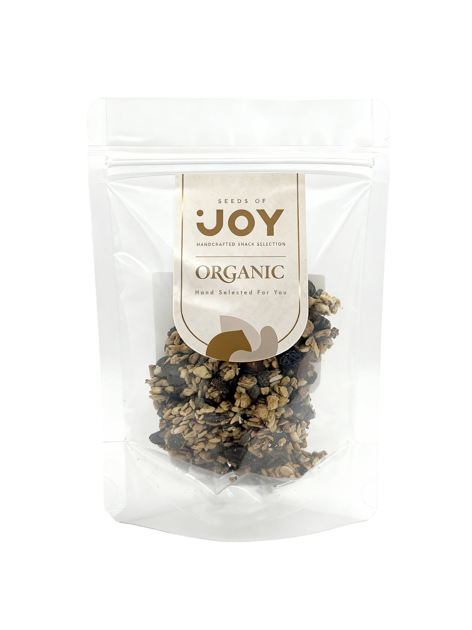 Seeds of Joy Organic High Protein Mixed Seeds Cluster front packaging. Hand selected for you.