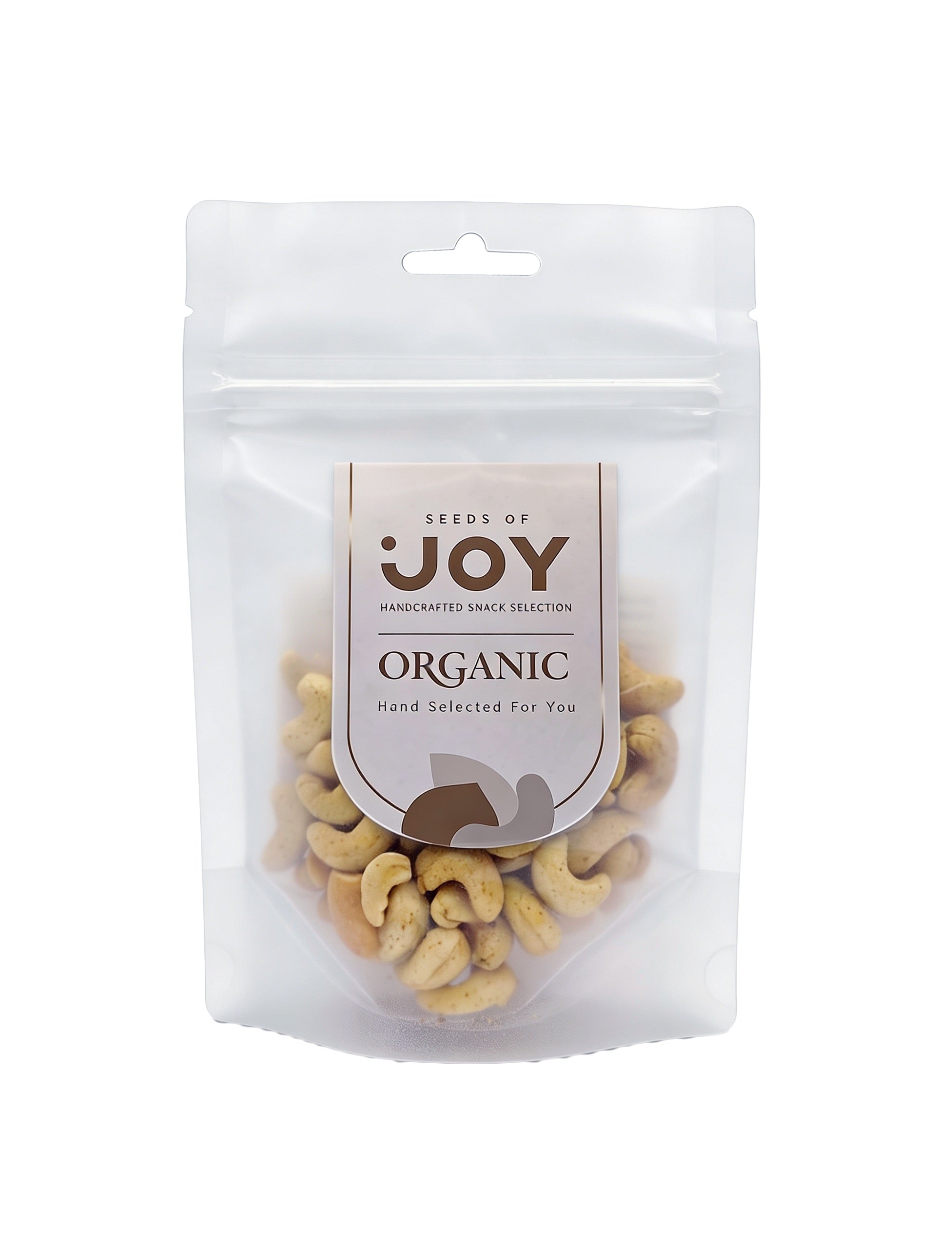 Seeds of Joy Organic Pink Peppercorn Cashews front packaging. Hand selected for you.