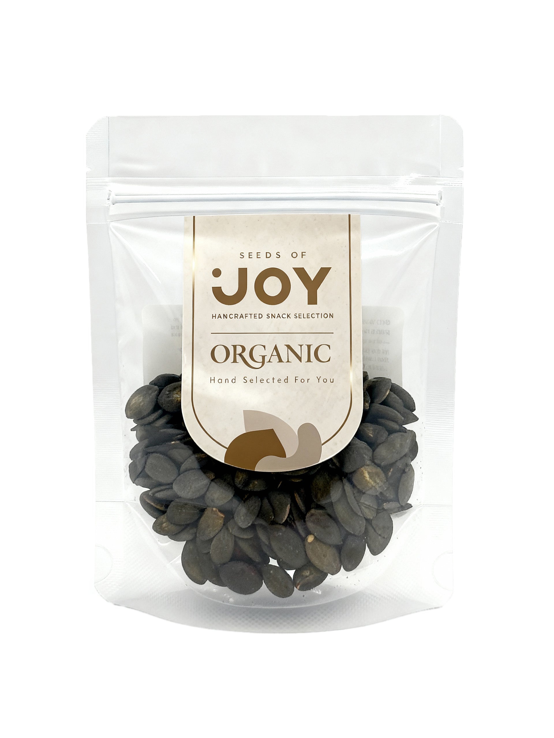 Seeds of Joy Organic Tamari Pumpkin Seeds front packaging. Hand selected for you.