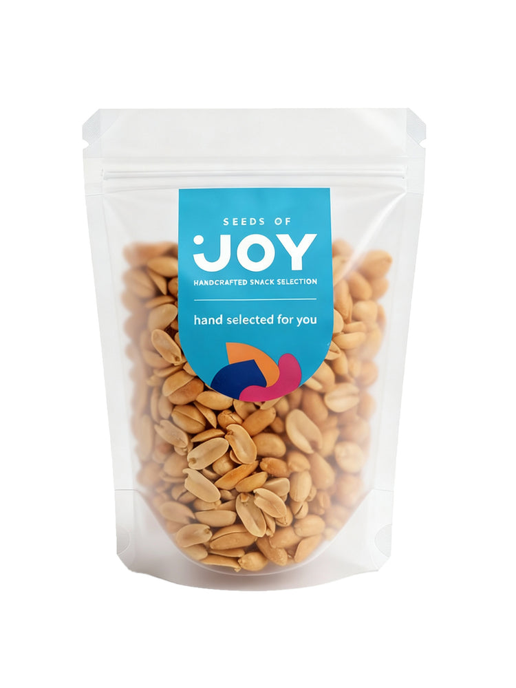 Seeds of Joy Roasted Peanuts front packaging. Delicious and hand selected for you