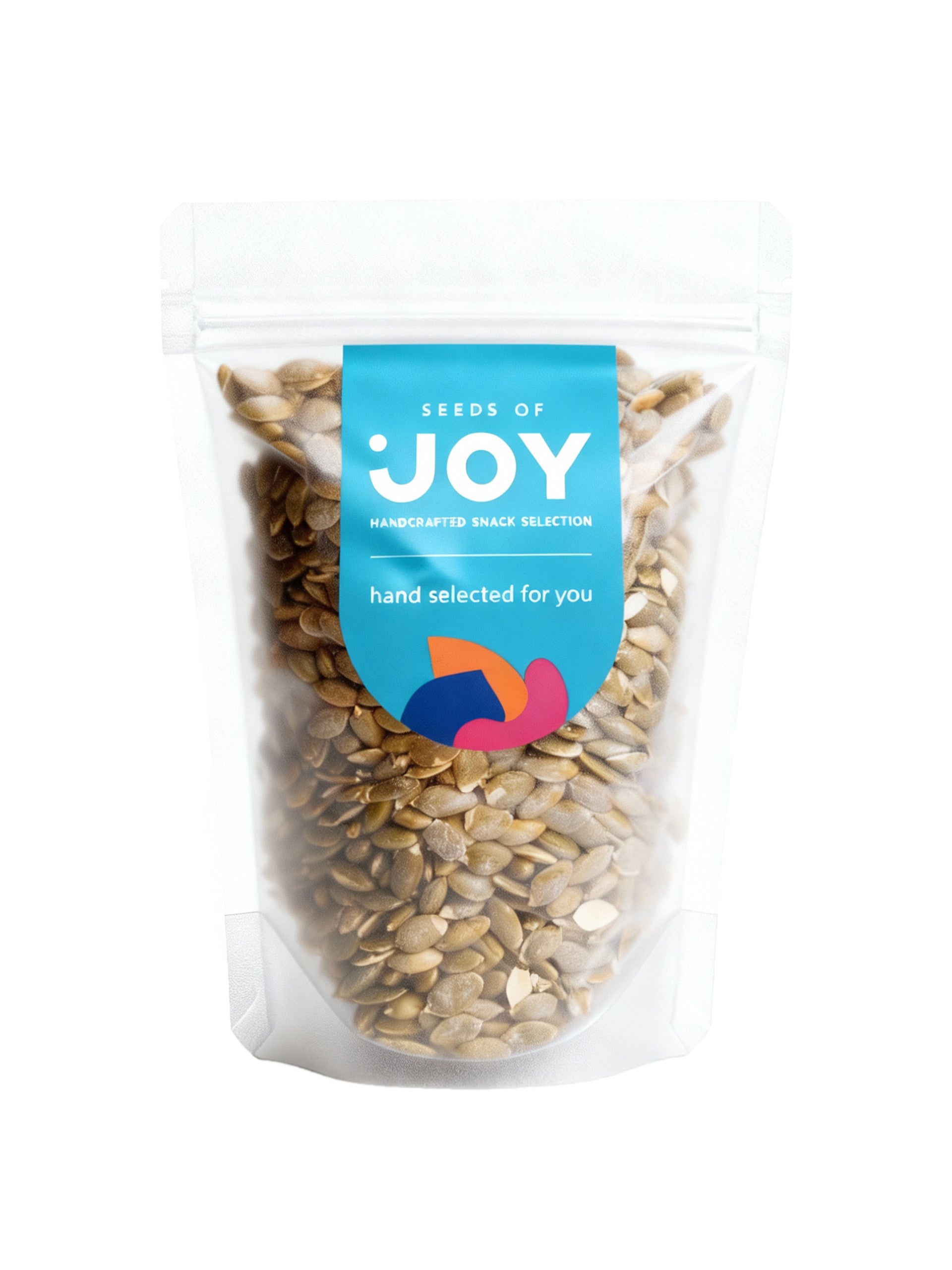 Seeds of Joy Roasted Pumpkin Seeds front packaging. Hand selected for you