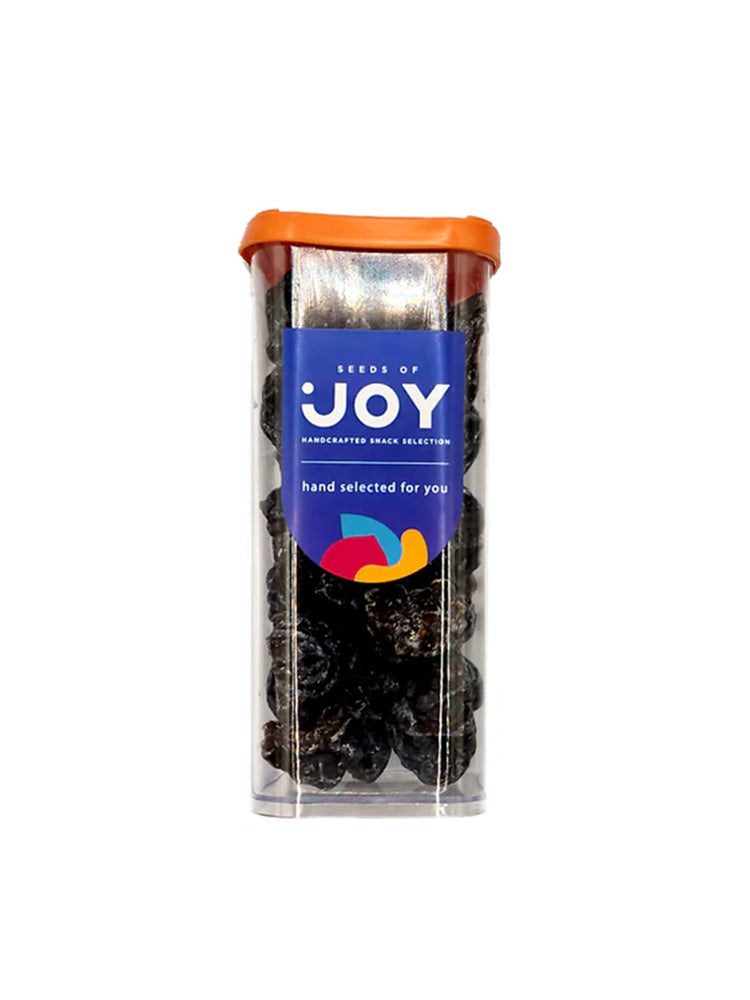 Seeds of Joy Shredded Plums front packaging. Hand selected for you. Enjoy anytime. Ideal snack!