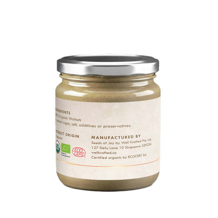 Seeds of Joy Walnut Butter back jar. Product of Singapore. Ingredients 100% organic
