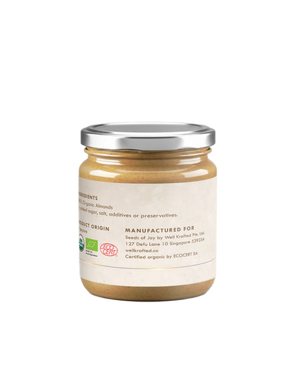 Seeds of Joy Almond Butter back of the jar. Ingredients 100% organic. Product of Singapore