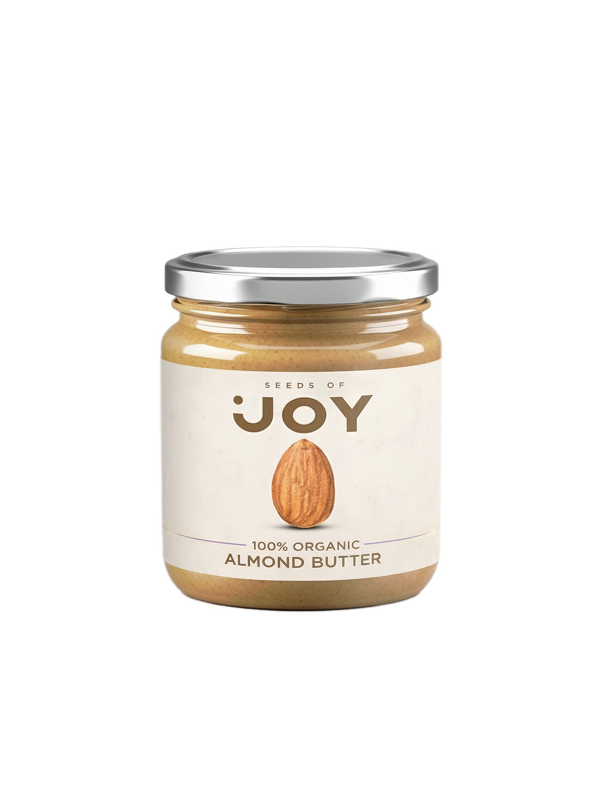 Seeds of Joy Almond Butter front jar. 100% Organic