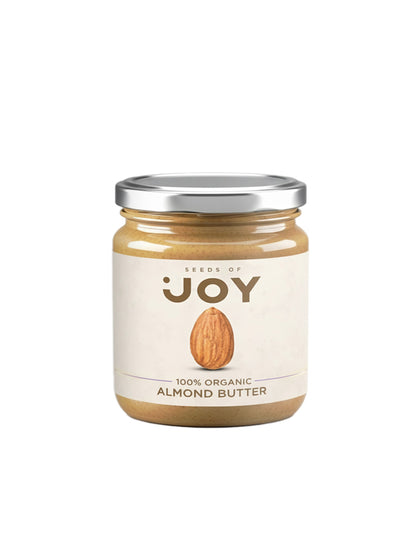 Seeds of Joy Almond Butter front jar. 100% Organic