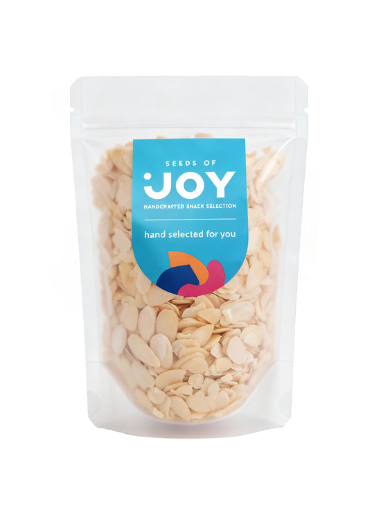 Seeds of Joy Blanched Sliced Almonds front packaging. Perfect for baking or snacking. Hand selected for you