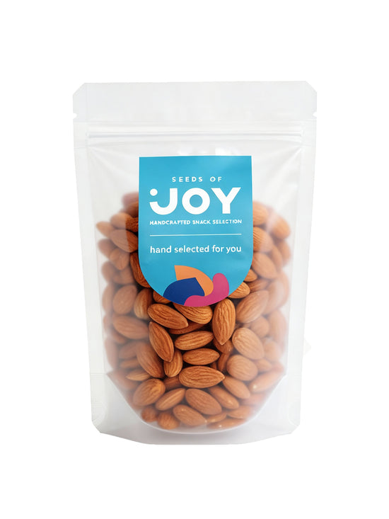 Seeds of Joy Raw Almonds front packaging. Hand selected for you. Premium nuts in Singapore