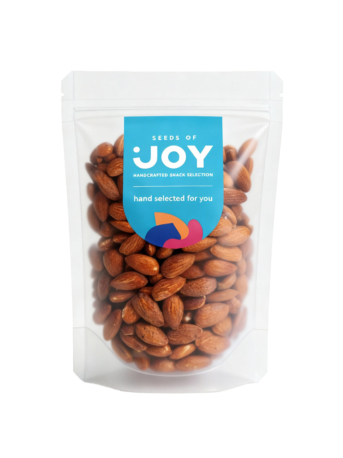 Seeds of Joy Smoked Almonds front packaging. Hand selected for you. Perfect for a cheese board!