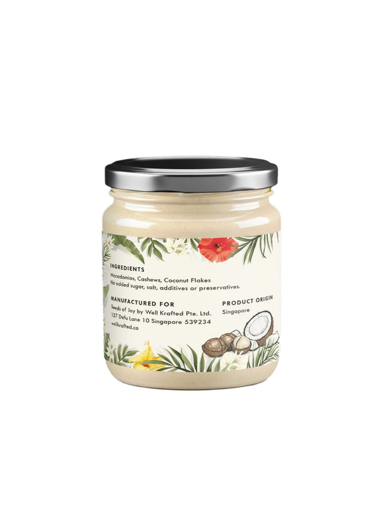 Seeds of Joy Aloha Butter Back Jar. Ingredientes: Macadamias, Cashews and coconuts. Product of Singapore