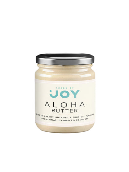Seeds of Joy Aloha Butter Front Jar. Blend of creamy, buttery and tropical flavours. Macadamias, Cashews and coconuts