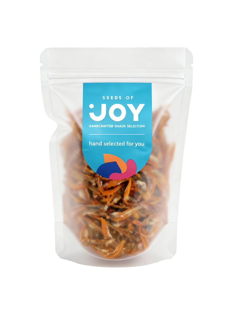 Seeds of Joy Anchovies Crisp front packaging. Hand selected for you.