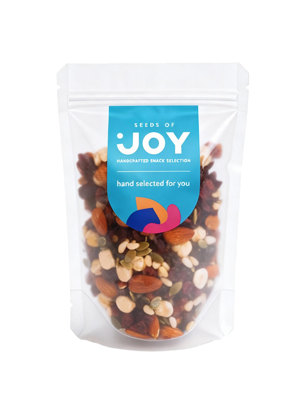 Seeds of Joy Berries Seeds Delight front packaging. Hand selected for you. the perfect mix of almonds, green melon seeds, cranberries and pine nuts