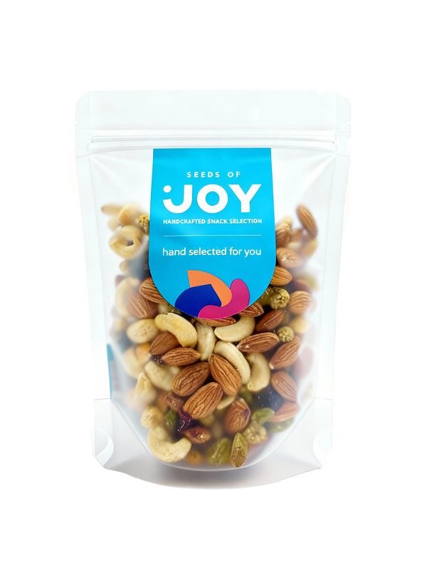 Seeds of Joy Berry Nutrient Boost front packaging. Hand selected for you. Almonds, cashews, pistachios and more!
