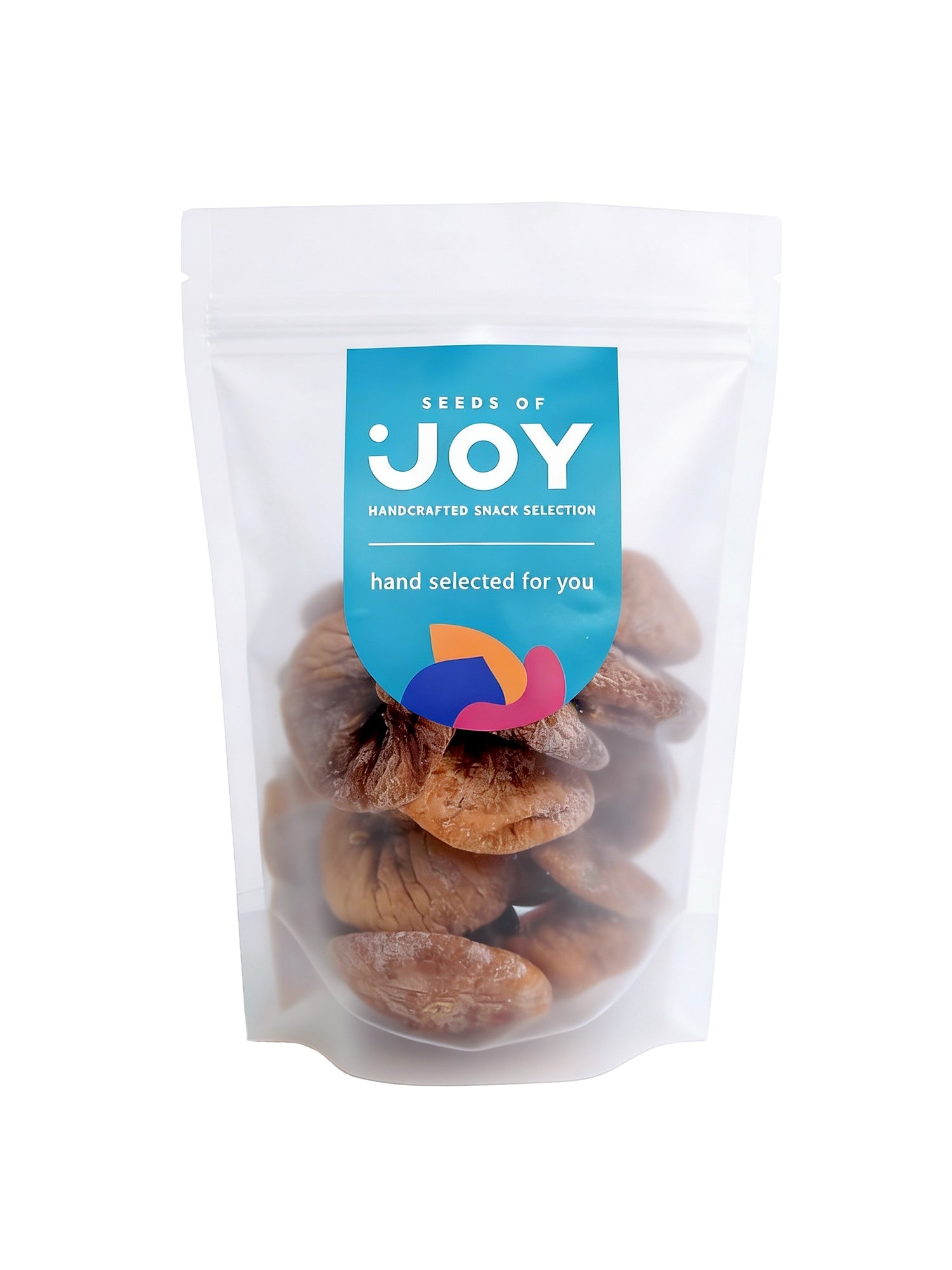 Seeds of Joy California Calimyrna Figs front packaging. Hand selected for you!