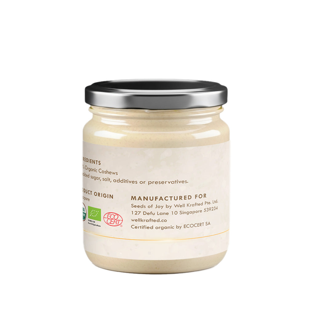 Seeds of Joy Cashews Butter back of the jar. Ingredients 100% organic. Product of Singapore