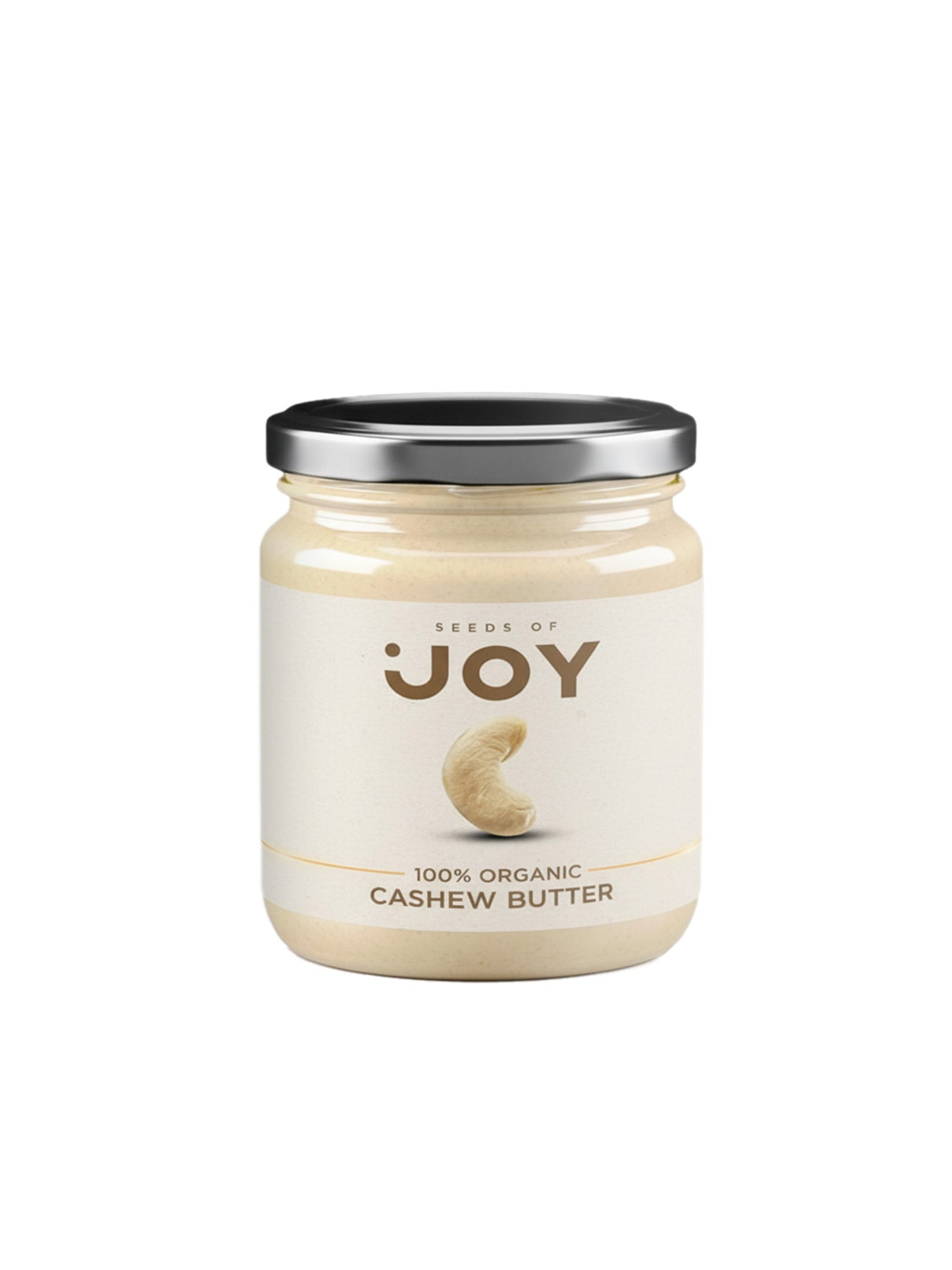 Seeds of Joy Cashew Butter front jar. 100% Organic.