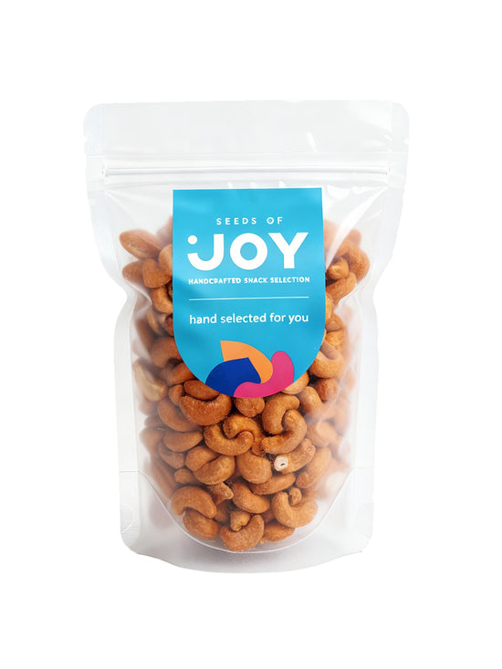Seeds of Joy Cashews Honey front packaging. Hand selected for you. Premium in Singapore