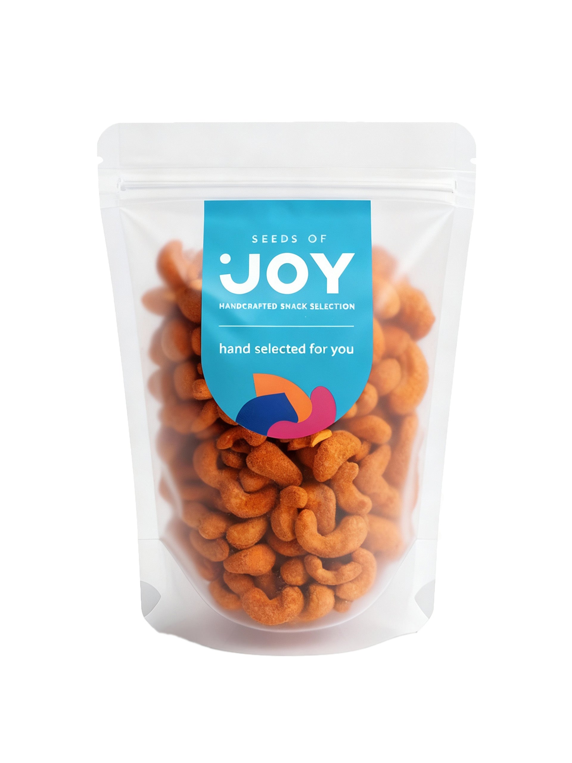 Seeds of Joy Cashews Hot &amp; Spicy front packaging. Hand selected for you.