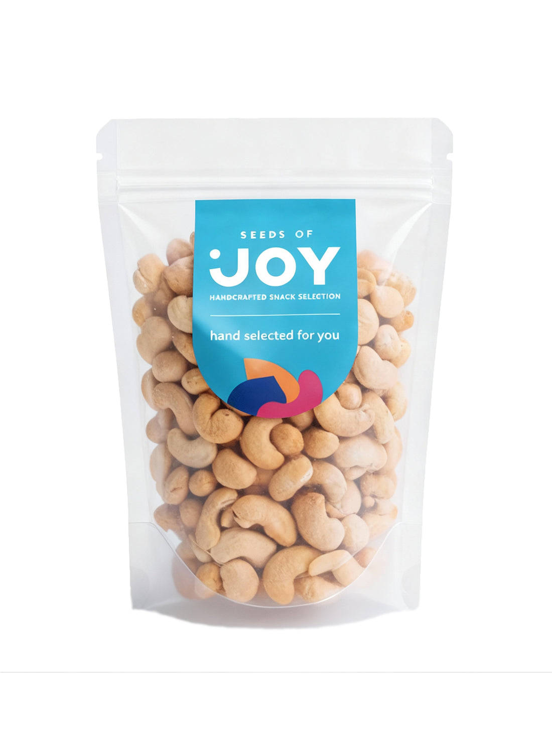 Seeds of Joy Natural Baked Cashews front packaging. Hand selected for you.
