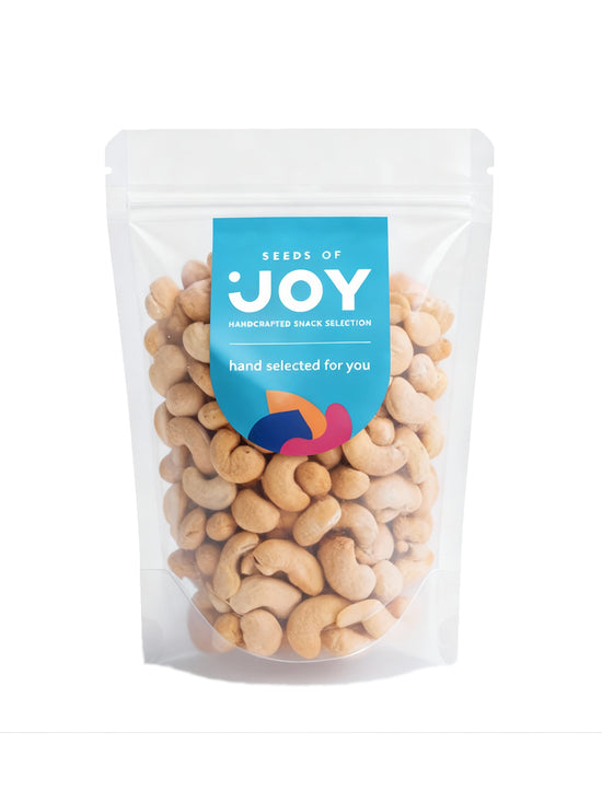 Seeds of Joy Natural Baked Cashews front packaging. Hand selected for you.