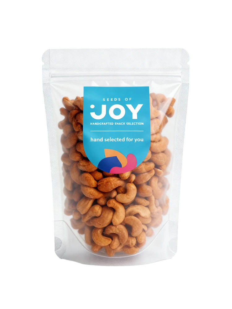 Seeds of Joy Roasted Cashews front packaging. Hand selected for you. Premium and delicious.