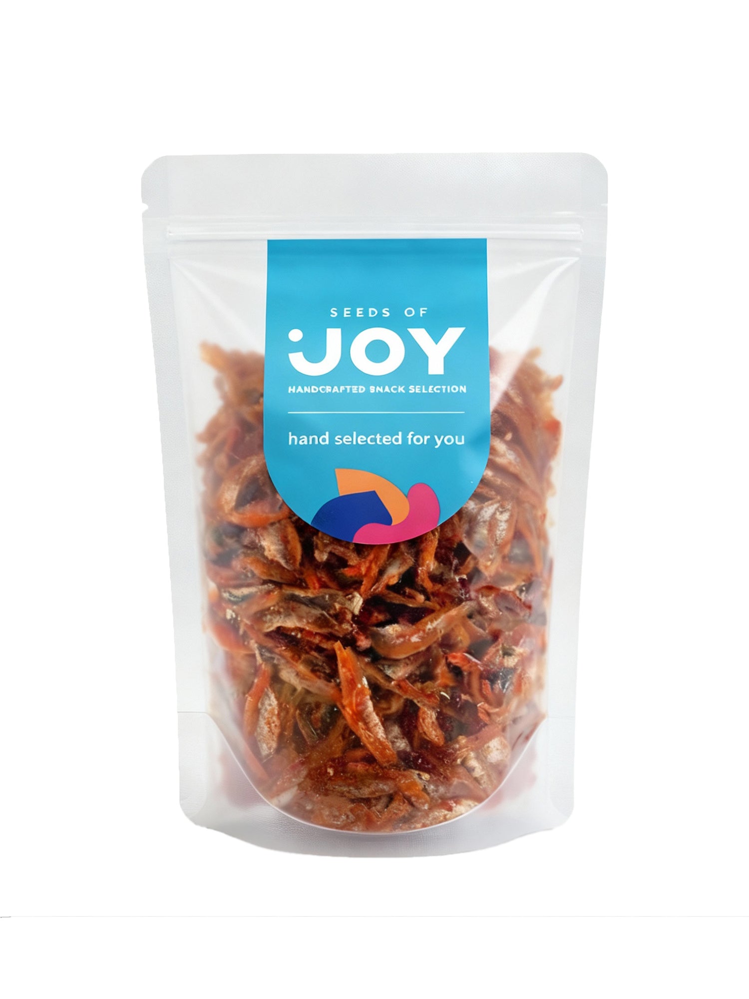 Seeds of Joy Chilli Anchovies front packaging. Hand selected for you