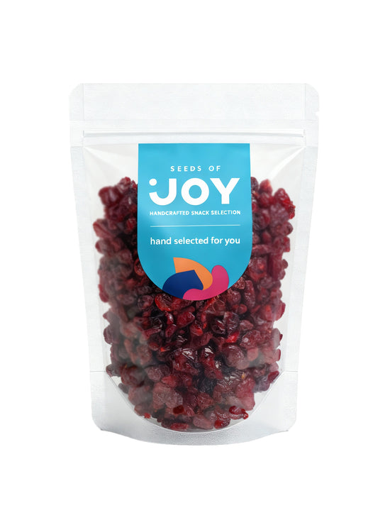 Seeds of Joy Dried Cranberries front packaging. Hand selected for you. Perfect for toppings or snacking!