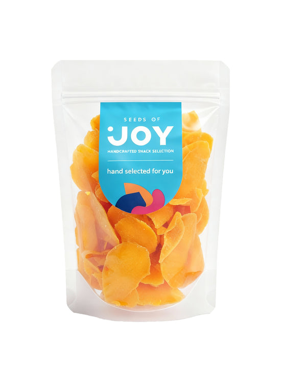 Seeds of Joy Dried Mango front packaging. Hand selected for you. Shop now. Enjoy in Singapore