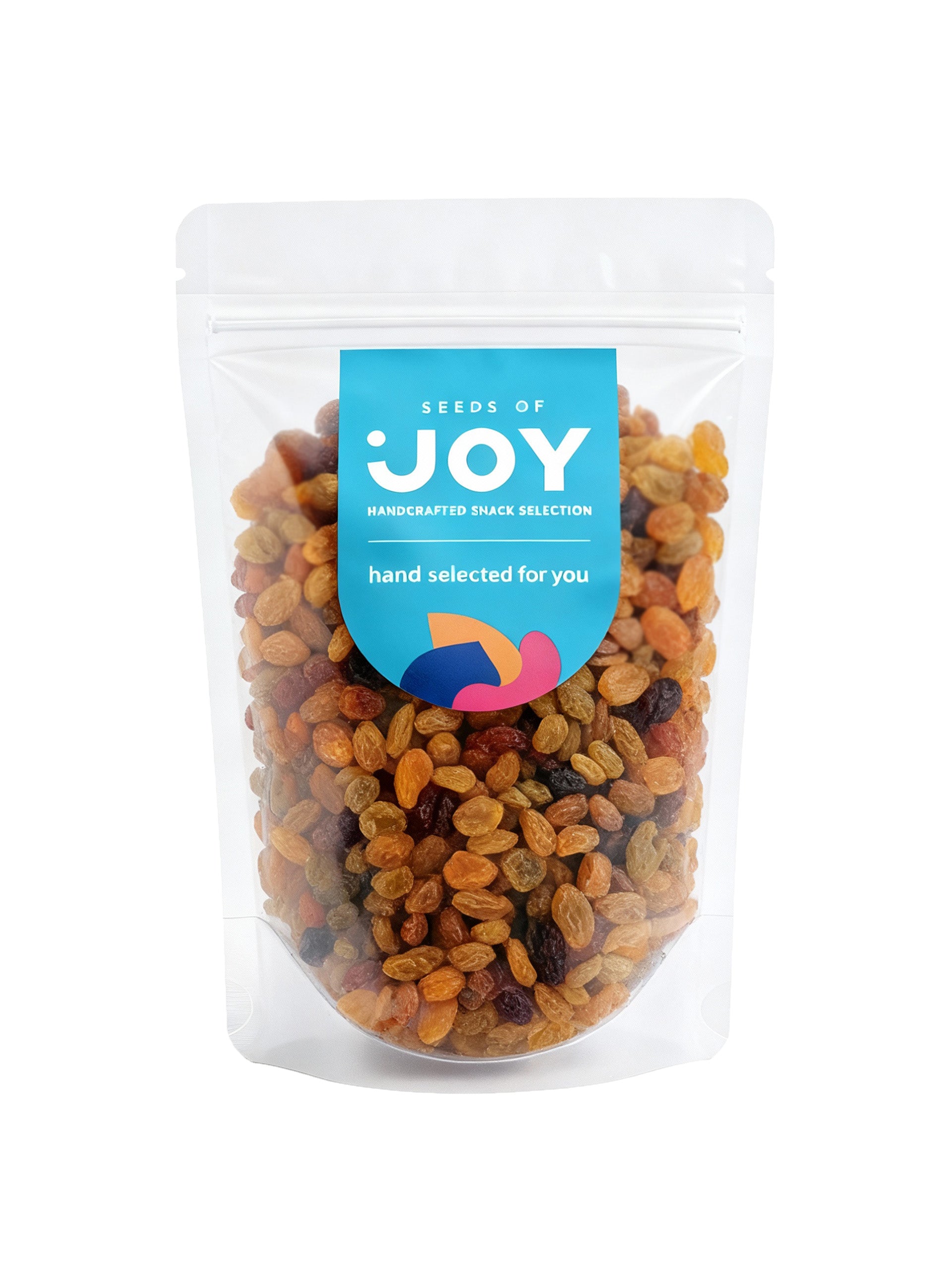 Seeds of Joy Golden Jumbo Raisins front packaging. Hand selected for you.