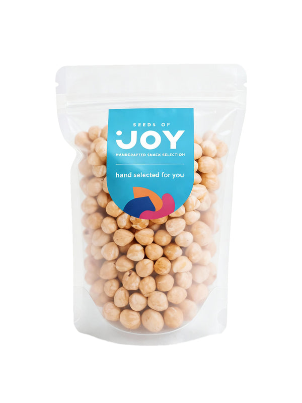 Seeds of Joy Hazelnuts front packaging. Hand selected for you.