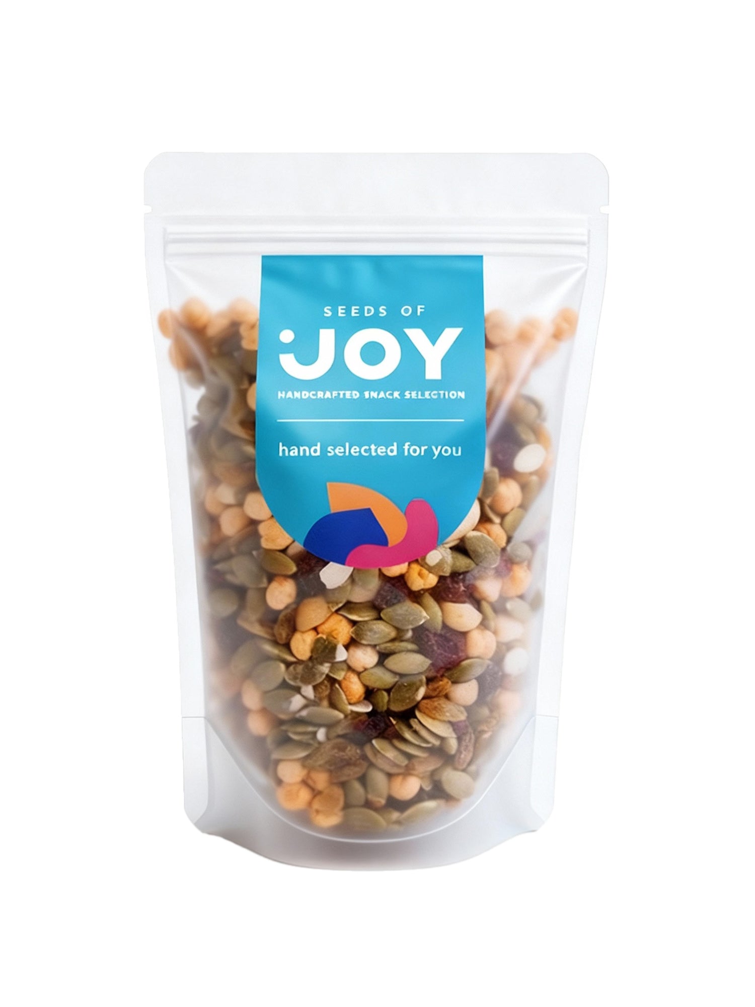 Seeds of Joy Healthy Cranberries Mix front packaging. Hand selected for you. Delicious! Perfect for snacks or toppings.