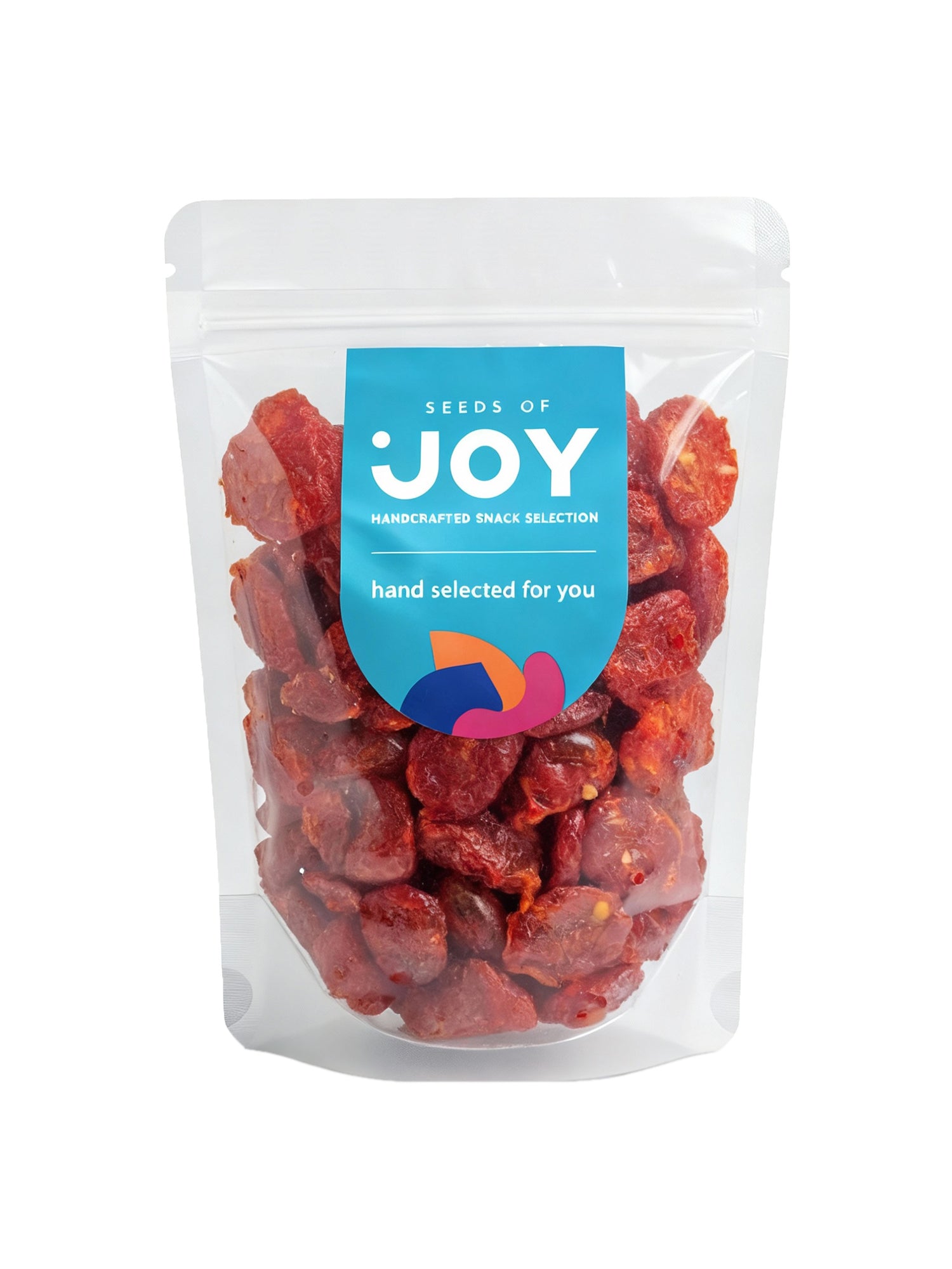 Seeds of Joy Honey Dried Tomatoes front packaging. Hand selected for you.
