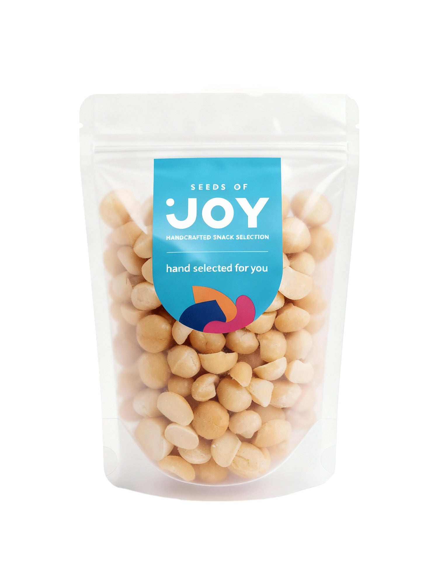 Seeds of Joy Natural Baked Macadamias front packaging. Hand selected for you