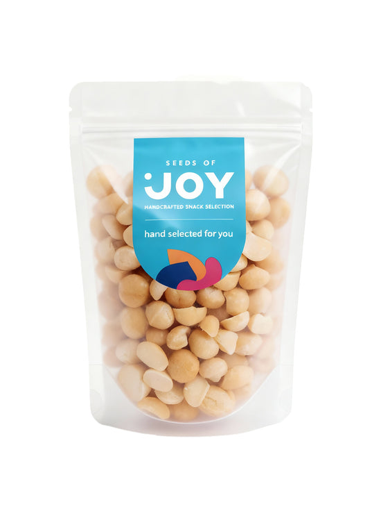 Seeds of Joy Natural Baked Macadamias front packaging. Hand selected for you