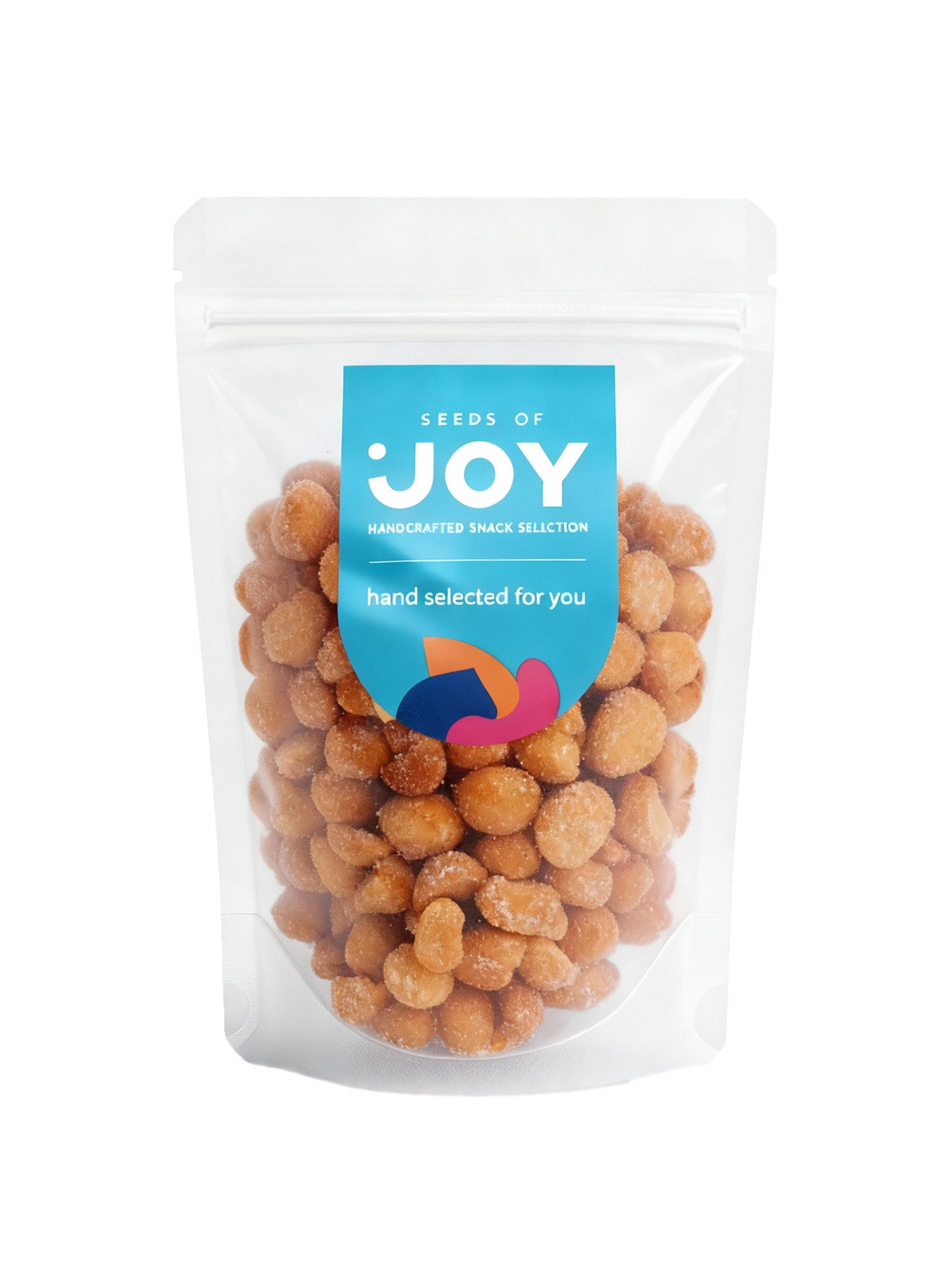 Seeds of Joy Macadamias Honey front packaging. Hand selected for you
