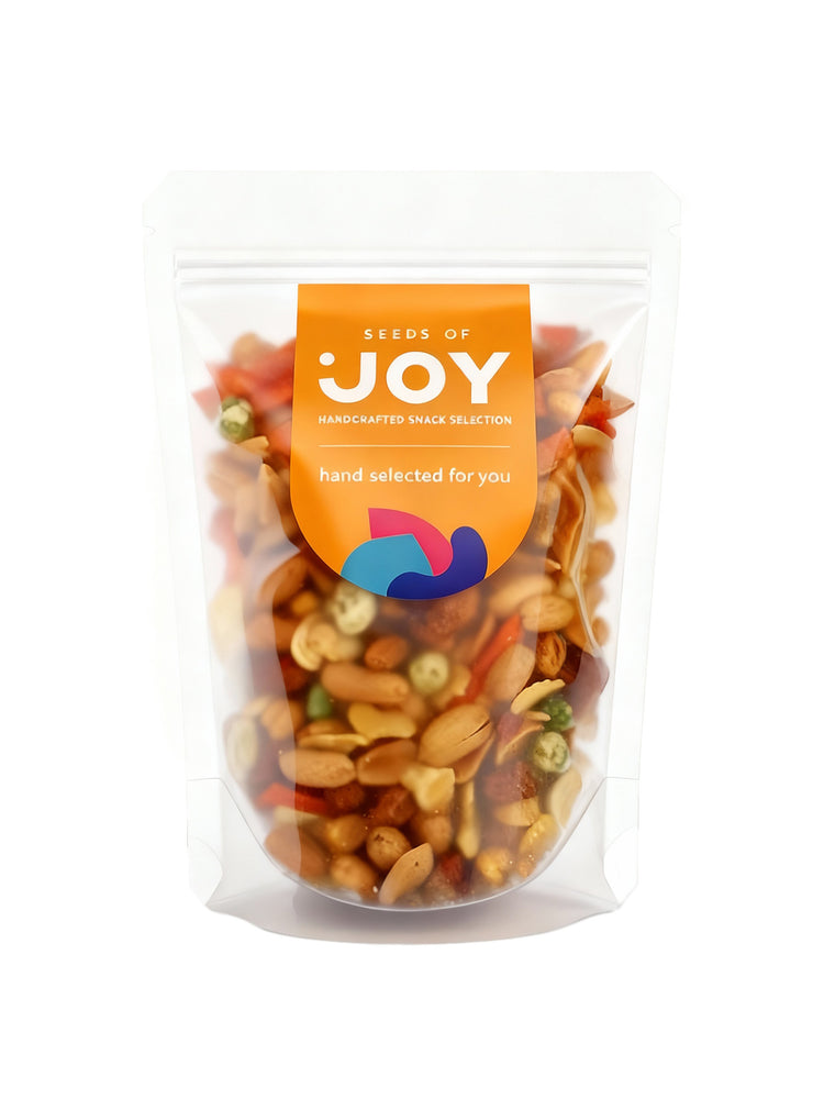 Seeds of Joy Mixed Snacks front packaging. Hand selected for you. Ideal snack for parties and celebrations!