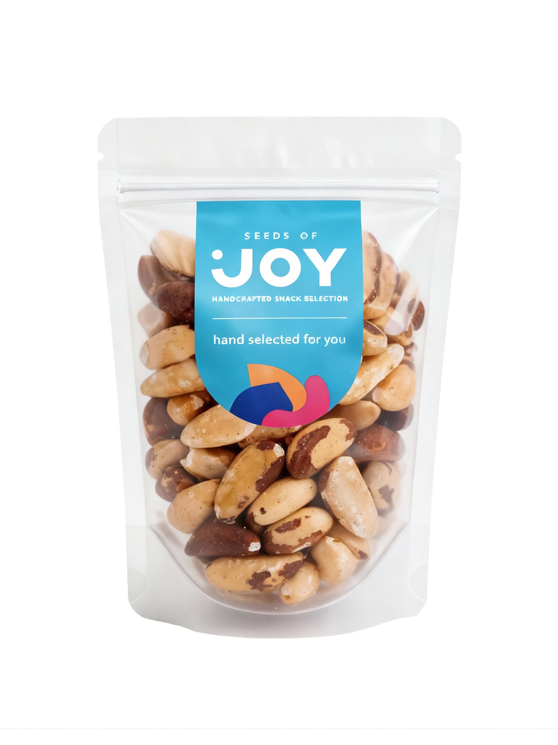 Seeds of Joy Natural Baked Brazil Nuts front packaging. Hand selected for you. Best in Singapore!